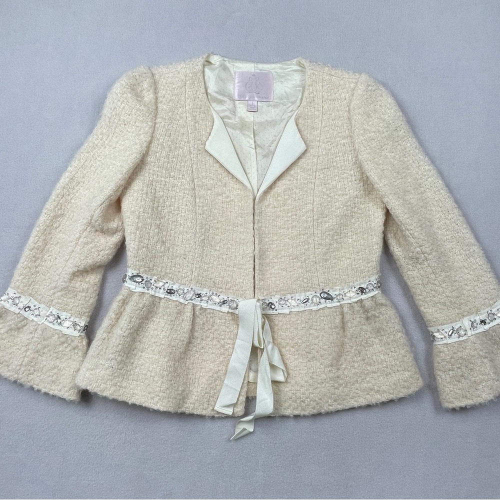 Rebecca Taylor Peplum Wool Jacket Crystal Rhinestone and ribbon detail. 
Size 2